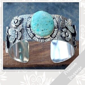 Peruvian Turquoise Silver Artisan Bangle Cuff, Adjustable (Mint Blue-Green)